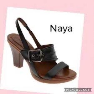 NAYA Sandal Women ALAMOSA Black Buckle Leather Strap Bamboo Wood Heel Sandal 11M